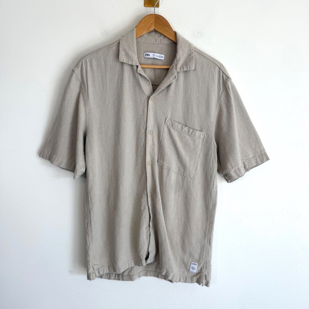 Zara Linen Blend Button Up Camp Shirt Beige Short Sleeve Coastal Minimalist L